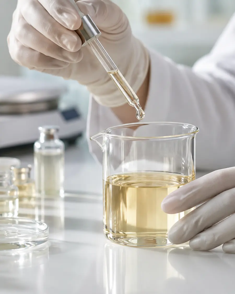Tangan bersarung tangan meneteskan serum dengan pipet di lab formulasi